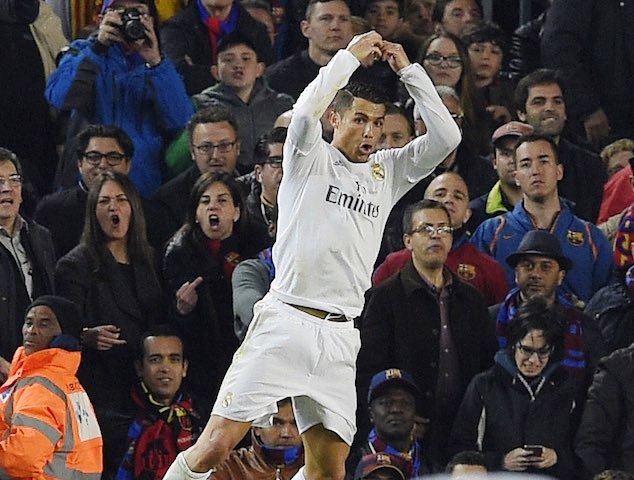 CR7 celebrates scoring against Barcelona at Nou Camp last season. 10 of his 16 goals in El Clasico have been scored at Nou Camp.